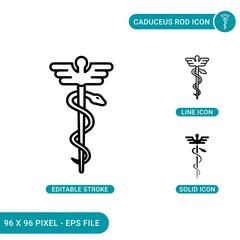 Caduceus rod icons set vector illustration with solid icon line style. Asclepius snake concept. Editable stroke icon on isolated background for web design, infographic and UI mobile app.