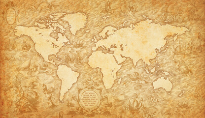 Fototapeta na wymiar Old map of the world on a old parchment background. Vintage style. Elements of this Image courtesy of NASA