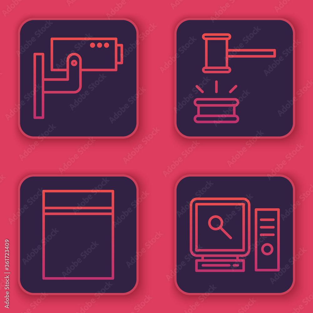 Poster set line security camera, plastic bag with ziplock, judge gavel and search on computer screen. blue 
