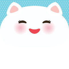 Kawaii funny cat, white bear face on blue dot background. Card banner design Nursery decor trend of the season, scandinavian style. Vector