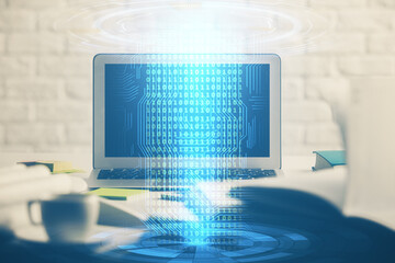 Multi exposure of desktop computer and technology theme hologram. Concept of software development.