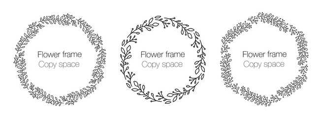Collection floral frame with copy space. A set of cute retro flowers arranged in the shape of a wreath, ideal for wedding invitations and greeting cards, labels. Circular wreath frame line art.