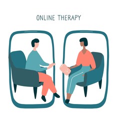 Man at the psychologist online session. Doctor consultation by phone. Video call to psychiatrist. Online psychological therapy. Hand drawn vector graphic