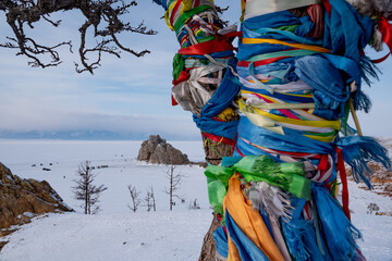 Tree of desires on cape Burhan of Olkhon Island on Lake Baikal, Russia