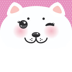 Fototapeta premium Cute Cartoon Kawaii funny white cat muzzle with pink cheeks and wink eyes on a lilac background. Card banner design Nursery decor trend of the season, scandinavian style. Vector