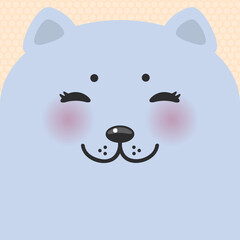 Kawaii funny cat, closed eyes Gray blue face on pink background. Card banner design Nursery decor trend of the season, scandinavian style. Vector