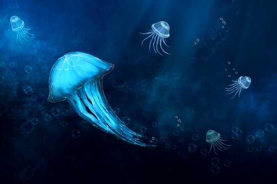 Beautiful Luminous Jellyfish In The Deep Sea