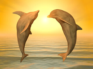 Zwei springende Delfine bei Sonnenuntergang