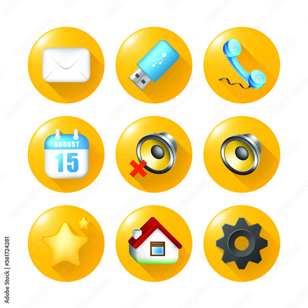 Poster set of realistic cute elegant technological icons on yellow buttons on white background . isolated v