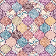 Naklejka premium Seamless colorful patchwork in turkish style. Islam, Arabic, Indian, ottoman motifs. Endless pattern can be used for ceramic tile, wallpaper, linoleum, textile, web page background. Vector