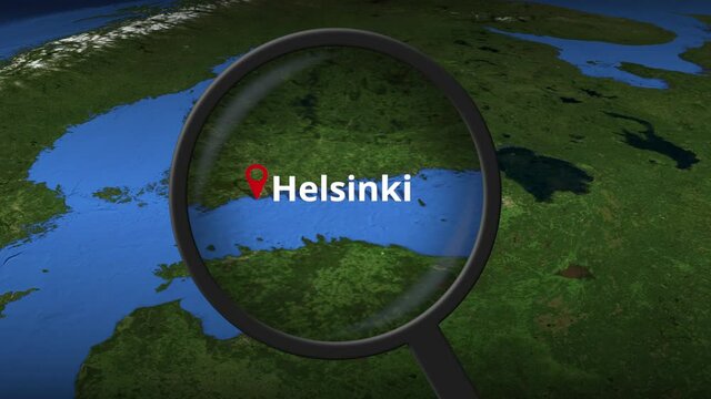 Magnifying glass finds Helsinki city on the map, 3d rendering