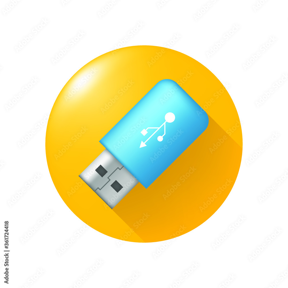 Poster realistic glossy flash drive colored icon on yellow button on white background . isolated vector ele