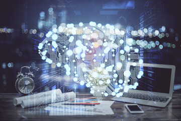 Multi exposure of work table with computer and brain hologram. Brainstorm concept.