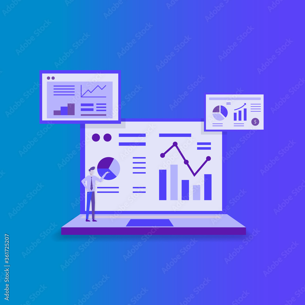 Poster statistics charts analysis on computer screen monitoring. flat vector infographic analytic trend gra