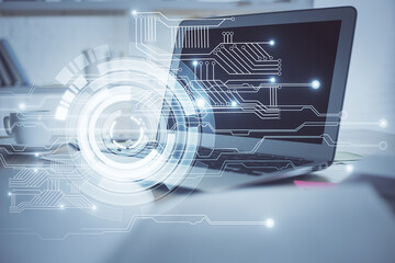 Double exposure of computer and technology theme drawing. Concept of innovation.