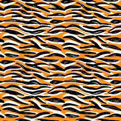 Seamless pattern orange black white tiger fur design, abstract simple lines scandinavian style background grunge texture. trend of the season. Can be used for Gift wrap fabrics, wallpapers. Vector