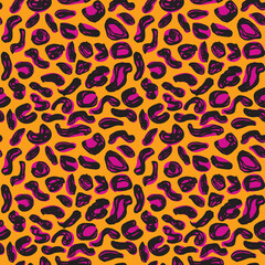 Obraz premium Seamless pattern Orange black pink leopard panther fur, abstract simple lines scandinavian style background grunge texture. trend of the season. Can be used for Gift wrap fabrics, wallpapers. Vector