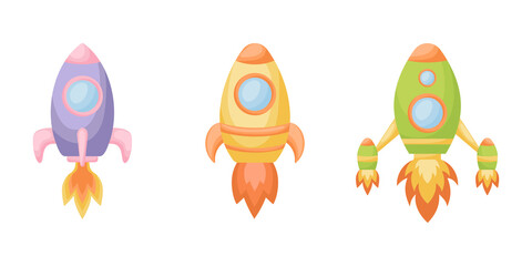 Collection of cute cartoon baby's rockets isolated on white background. Set of different models of rockets for design of kid's rooms clothing textiles album card invitation. Flat vector illustration.