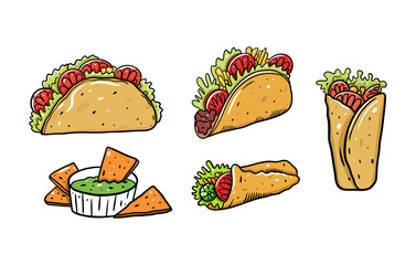 Mexican food set. Burrito, taco and nachos. Cartoon vector illustration. Isolated on white background.