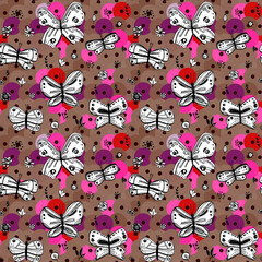 Fototapeta premium Seamless pattern butterflies leaves flowers sequins. sketch drawing doodle scandinavian style background grunge. Nursery decor Gift wrap fabrics wallpapers black white pink purple brown. Vector