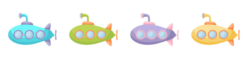 Collection of cute cartoon baby's submarines isolated on white background. Set of submarines of different colors for design of kid's rooms clothing album card invitation. Flat vector illustration.