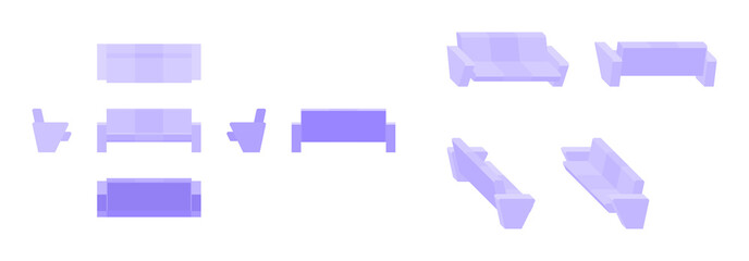 lilac couch from different angles, isometric