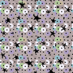 Round sequins black stars seamless pattern gray lilac blue background, metallic glitter, abstract geometric design fashion print trend of the season Can be used Gift wrap fabrics wallpapers. Vector