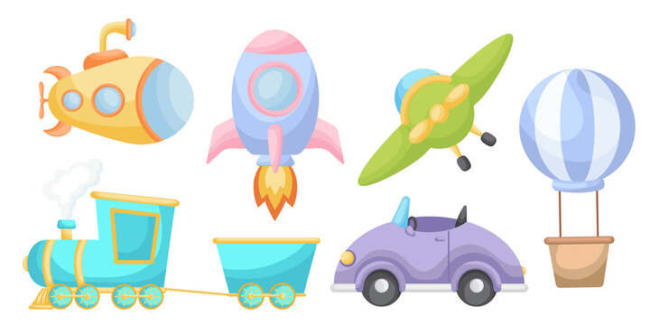 Collection of cute cartoon transport for boys isolated on white background. Set of transportation theme for design of kid's rooms clothing textiles album card invitation. Flat vector illustration.