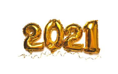 Golden balloons 2021 with festive decor on a white background isolate. banner or greeting card and invitation to a party for new year and Christmas. cover for the 2021 calendar