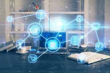 Computer on desktop with social network theme icon. Multi exposure. Concept of international connections.