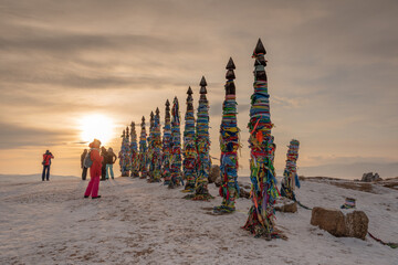 Wooden shaman totems at Burhan Cape, Baikal Lake, Russia