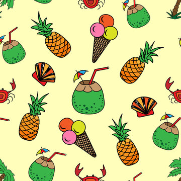 Coconuts, pineapples, ice cream, crabs, palm trees and shells on a light background. Seamless tropical summer pattern for fabric, wallpaper, wrapping paper.