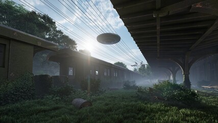 UFO flies over an abandoned and overgrown railway station. 3d illustration. © kolbass