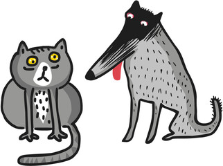 Funny cartoon cat and dog vector illustration