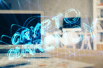 Multi exposure of blockchain theme hologram and table with computer background. Concept of bitcoin...