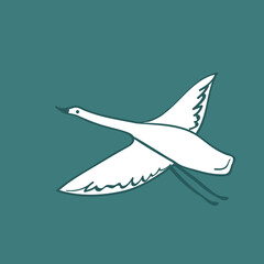 white crane swan, heron bird fly, green blue turquoise sky, simple lines doodle hand drawing scandinavian style background. trend of the season. Vector