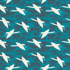Seamless pattern cranes swans, herons birds fly, water lily, simple lines asian japanese chinese style blue gray background. trend of the season. Can be used for Gift wrap fabrics, wallpapers. Vector