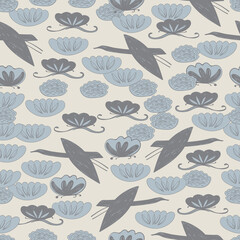 Seamless pattern cranes, swans herons birds fly, water lily simple lines asian japanese chinese style blue gray tan background. trend of the season. Can be used Gift wrap fabrics, wallpapers. Vector