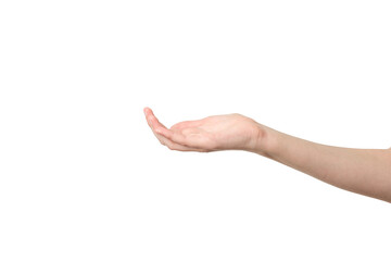 hand of teenage girl with palm up on a white background, isolate