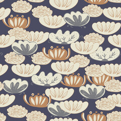 Seamless pattern water lily, slotus leaves flowers imple lines asian japanese chinese style gray blue beige tan background. trend of the season. Can be used for Gift wrap fabrics, wallpapers. Vector