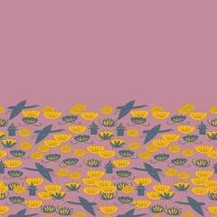 Card banner design cranes swans herons birds fly water lily simple lines asian japanese chinese style blue gray pink orange background. trend of the season. template frame for text copy space. Vector