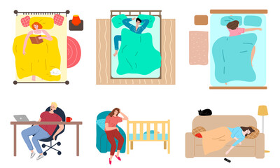 Different people sleeping in various poses at home or during work on chair