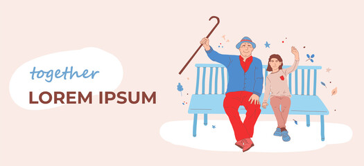 Spending time together concept. Happy grandpa and grandchild sitting on bench and talking. Active old age or retirement with kids. Pensioner and girl high five. Charity help lonely senior citizens 