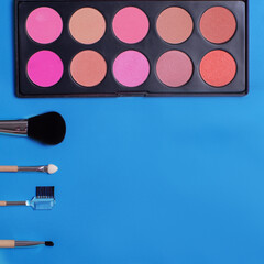 Colorful cosmetics lying on pastel background. Makeup set. Flatlay background for design