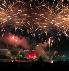 Holiday Scarlet Sails. St. Petersburg, Russia, June 27, 2020. Colorful fireworks and a ship with...