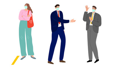 People in medical masks greeting each other from distance and keeping distance