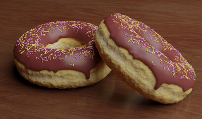 unhealthy but tempting sugary dessert - two yummy and delicious chocolate donuts with colored sprinkles on shinny wood table in calories and sugar abuse nutrition concept