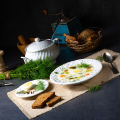 Dill soup with potato, fresh dill and egg