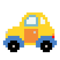 Pixel yellow a car image. Bricks block for pattern and toy kid. Vector Illustration of pixel art.