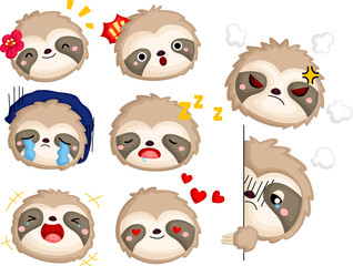 a vector of many face and emotions of a sloth © Inkley